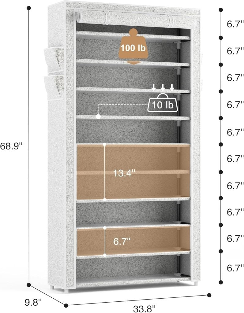 ROJASOP 10 Tier Shoe Rack with Covers,Large Capacity Stackable Tall Shoe Shelf Storage to 50 - 55 Pairs Shoes and Boots Sturdy Metal Free Standing Shoe Rack Organizer for Closet Entryway Garage - Wigtrends
