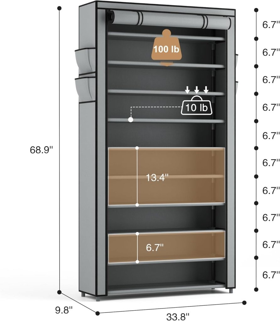 ROJASOP 10 Tier Shoe Rack with Covers,Large Capacity Stackable Tall Shoe Shelf Storage to 50 - 55 Pairs Shoes and Boots Sturdy Metal Free Standing Shoe Rack Organizer for Closet Entryway Garage - Wigtrends