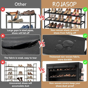 ROJASOP 10 Tier Shoe Rack with Covers,Large Capacity Stackable Tall Shoe Shelf Storage to 50 - 55 Pairs Shoes and Boots Sturdy Metal Free Standing Shoe Rack Organizer for Closet Entryway Garage - Wigtrends