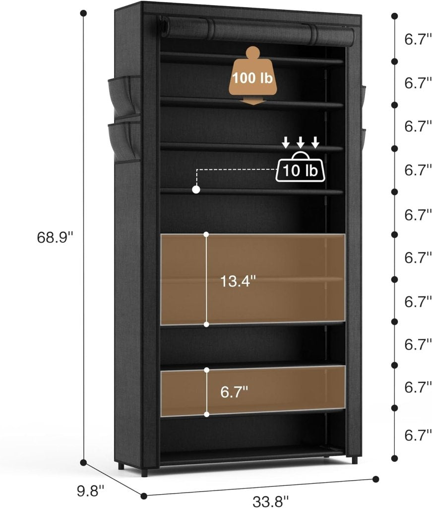 ROJASOP 10 Tier Shoe Rack with Covers,Large Capacity Stackable Tall Shoe Shelf Storage to 50 - 55 Pairs Shoes and Boots Sturdy Metal Free Standing Shoe Rack Organizer for Closet Entryway Garage - Wigtrends