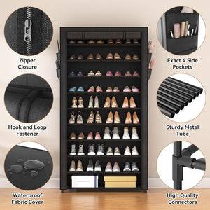 ROJASOP 10 Tier Shoe Rack with Covers,Large Capacity Stackable Tall Shoe Shelf Storage to 50 - 55 Pairs Shoes and Boots Sturdy Metal Free Standing Shoe Rack Organizer for Closet Entryway Garage - Wigtrends