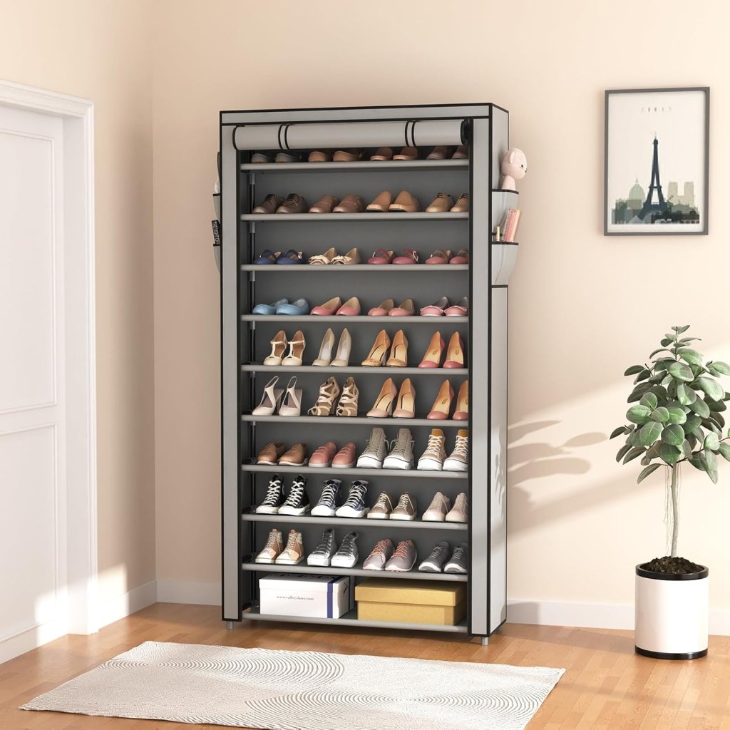 ROJASOP 10 Tier Shoe Rack with Covers,Large Capacity Stackable Tall Shoe Shelf Storage to 50 - 55 Pairs Shoes and Boots Sturdy Metal Free Standing Shoe Rack Organizer for Closet Entryway Garage - Wigtrends
