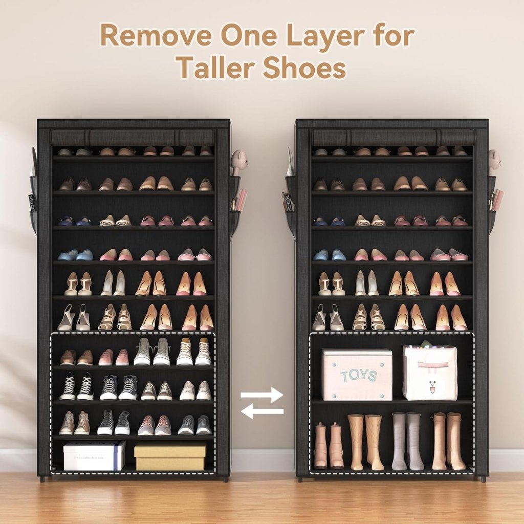 ROJASOP 10 Tier Shoe Rack with Covers,Large Capacity Stackable Tall Shoe Shelf Storage to 50 - 55 Pairs Shoes and Boots Sturdy Metal Free Standing Shoe Rack Organizer for Closet Entryway Garage - Wigtrends