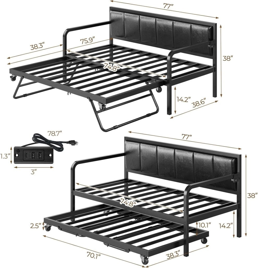 Rolanstar Daybed with Charging Station and LED Lights, Height Adjustable Twin Daybed with Trundle, Metal Sofa Bed Frame with Steel Slat Support - Wigtrends