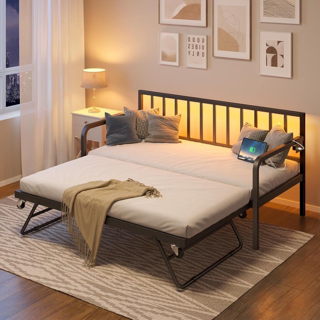 Rolanstar Daybed with Charging Station and LED Lights, Height Adjustable Twin Daybed with Trundle, Metal Sofa Bed Frame with Steel Slat Support - Wigtrends