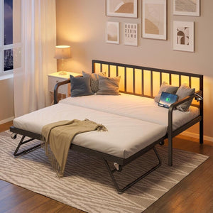 Rolanstar Daybed with Charging Station and LED Lights, Height Adjustable Twin Daybed with Trundle, Metal Sofa Bed Frame with Steel Slat Support - Wigtrends