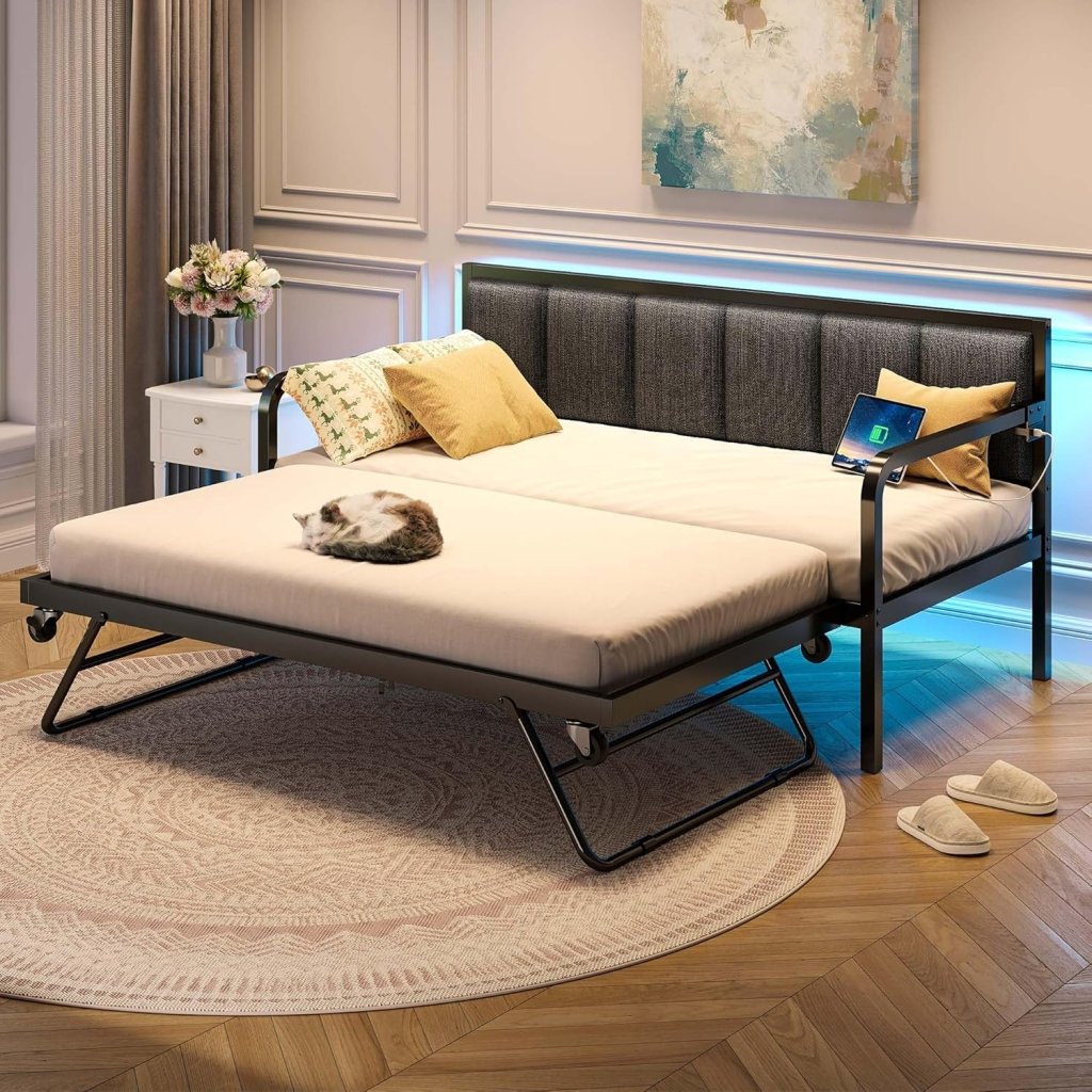 Rolanstar Daybed with Charging Station and LED Lights, Height Adjustable Twin Daybed with Trundle, Metal Sofa Bed Frame with Steel Slat Support - Wigtrends