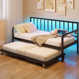 Rolanstar Daybed with Charging Station and LED Lights, Height Adjustable Twin Daybed with Trundle, Metal Sofa Bed Frame with Steel Slat Support - Wigtrends