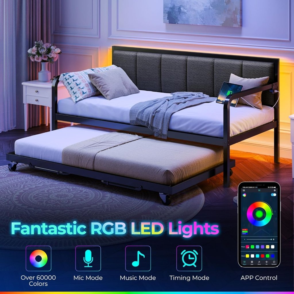 Rolanstar Daybed with Charging Station and LED Lights, Height Adjustable Twin Daybed with Trundle, Metal Sofa Bed Frame with Steel Slat Support - Wigtrends