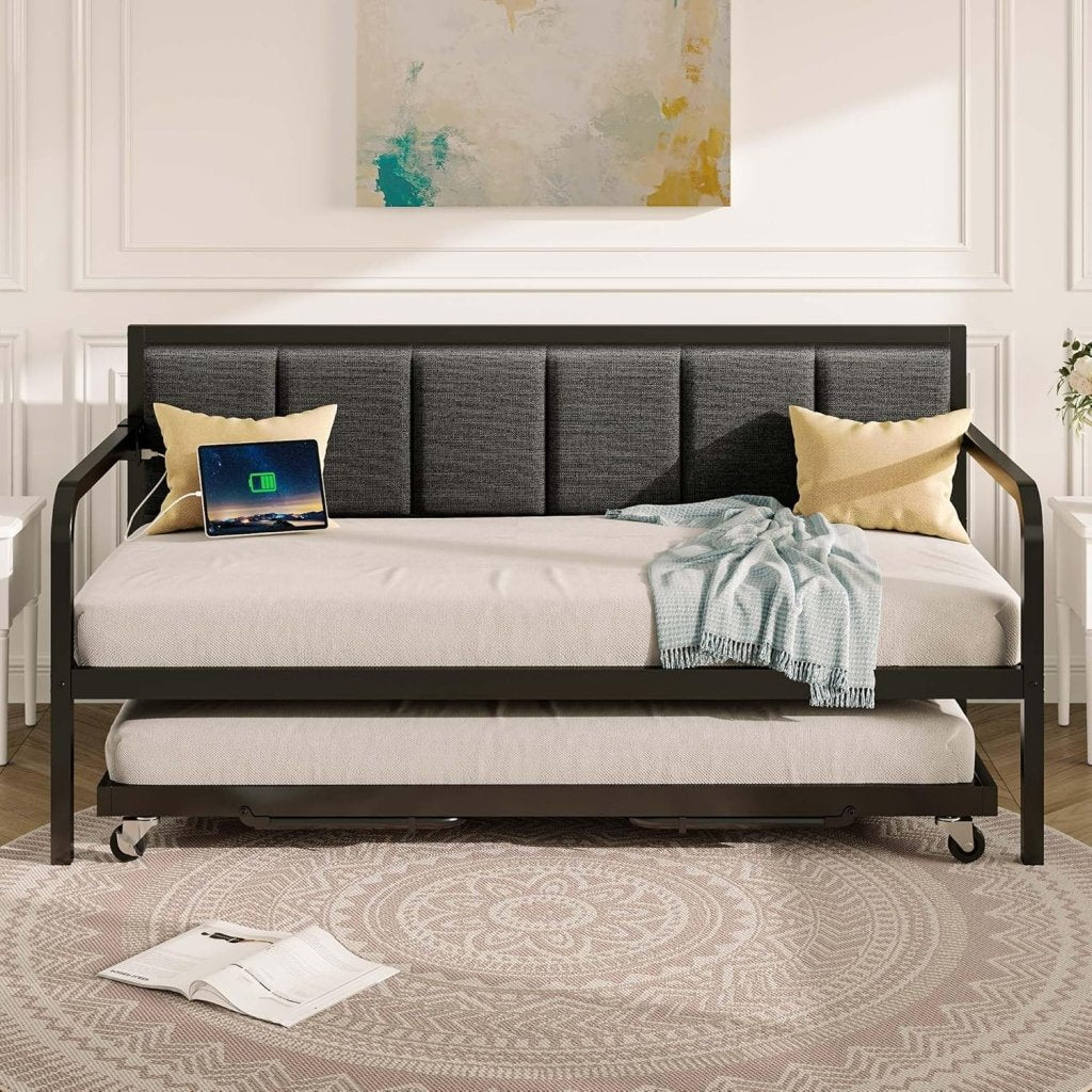 Rolanstar Daybed with Charging Station and LED Lights, Height Adjustable Twin Daybed with Trundle, Metal Sofa Bed Frame with Steel Slat Support - Wigtrends