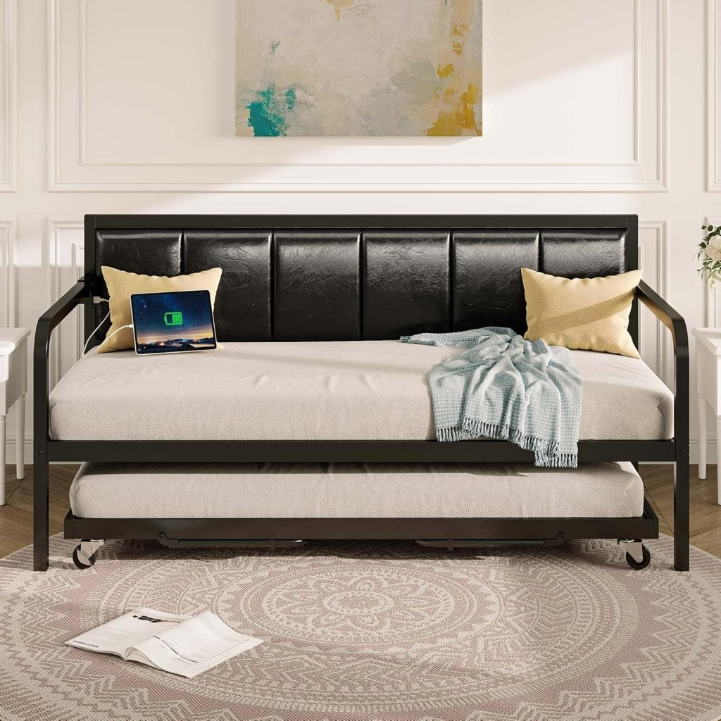 Rolanstar Daybed with Charging Station and LED Lights, Height Adjustable Twin Daybed with Trundle, Metal Sofa Bed Frame with Steel Slat Support - Wigtrends