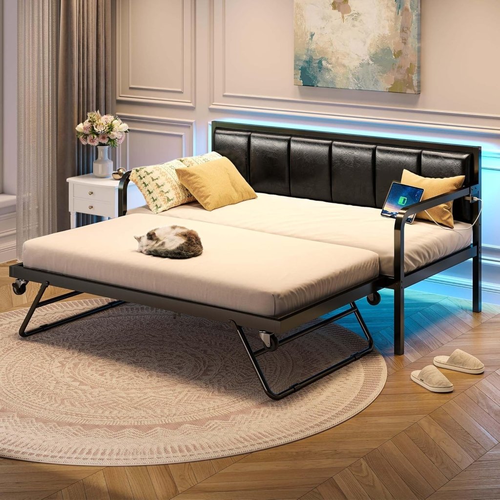 Rolanstar Daybed with Charging Station and LED Lights, Height Adjustable Twin Daybed with Trundle, Metal Sofa Bed Frame with Steel Slat Support - Wigtrends
