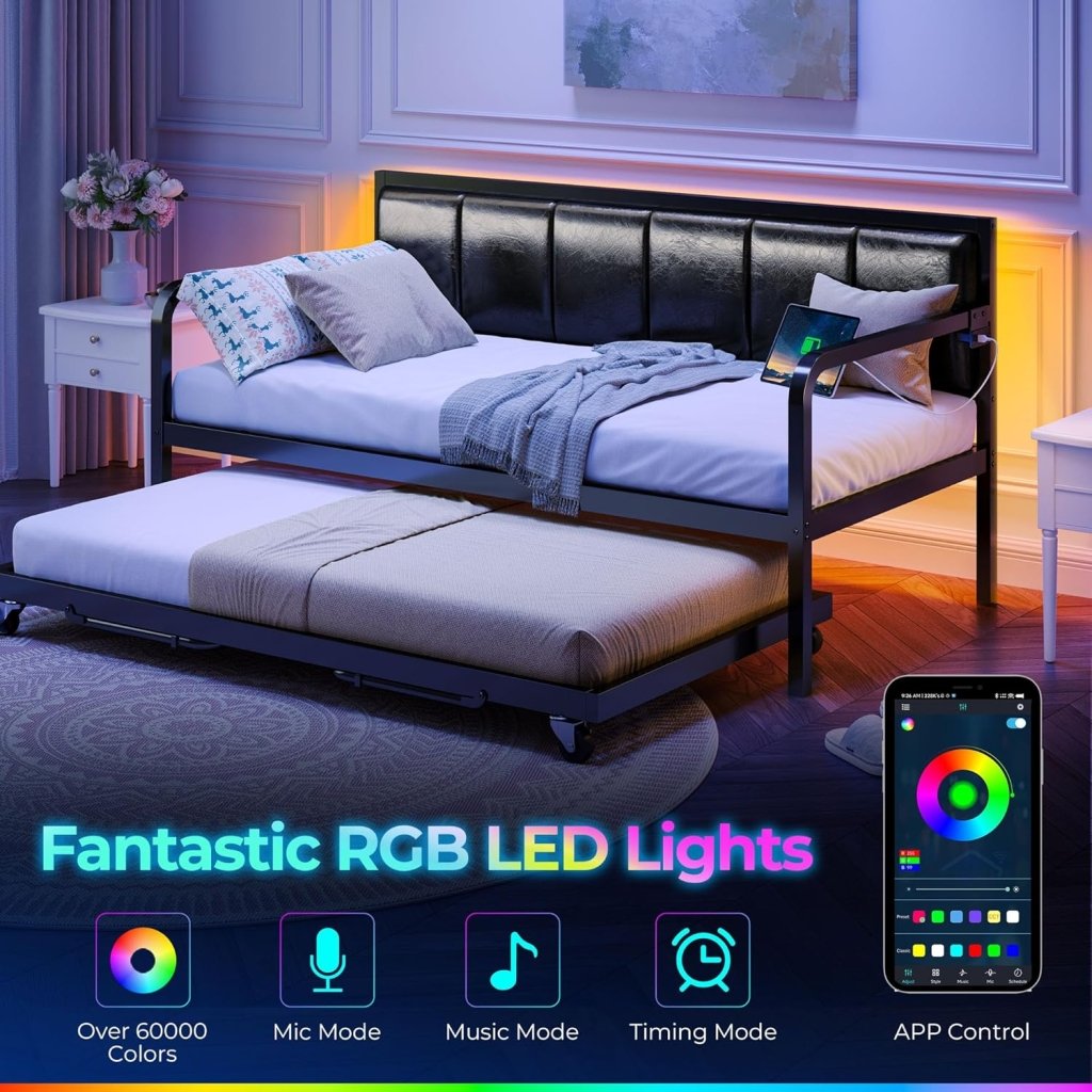 Rolanstar Daybed with Charging Station and LED Lights, Height Adjustable Twin Daybed with Trundle, Metal Sofa Bed Frame with Steel Slat Support - Wigtrends