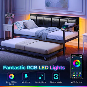Rolanstar Daybed with Charging Station and LED Lights, Height Adjustable Twin Daybed with Trundle, Metal Sofa Bed Frame with Steel Slat Support - Wigtrends