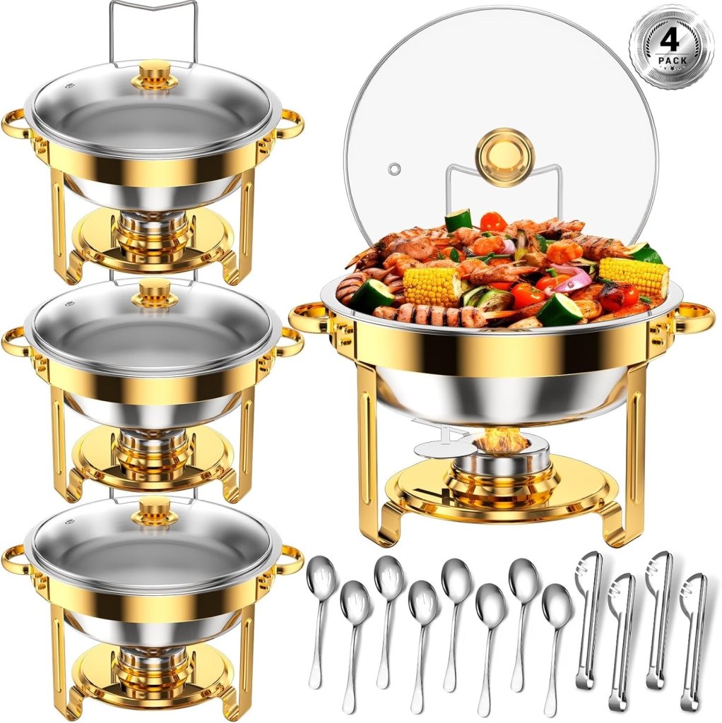 Round Chafing Dishes for Buffet 4 Pack 5 Qt, High Grade Chafing Dish Buffet Set with 12 PCS Serving Utensils,Full Size Pan,Food Warmers for Parties,Buffet,Wedding, Birthday,Camping [Gold] - Wigtrends