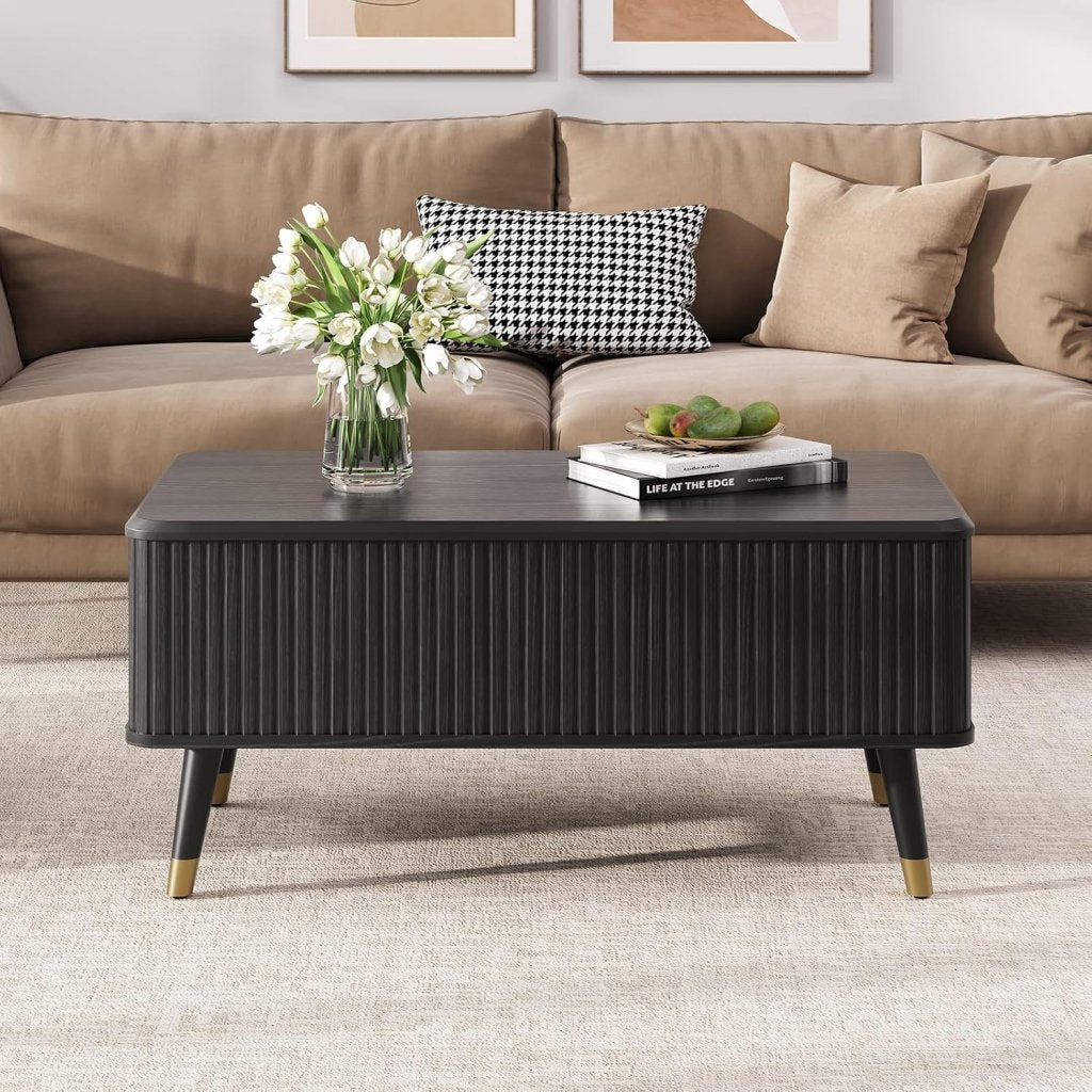 Round Coffee Table with Storage,Fluted Center Table with Sliding Cabinet Door for Living Room,Home Small Space,31.5" Small Center Table,Walnut - Wigtrends