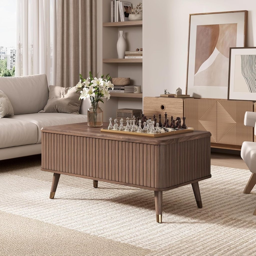 Round Coffee Table with Storage,Fluted Center Table with Sliding Cabinet Door for Living Room,Home Small Space,31.5" Small Center Table,Walnut - Wigtrends
