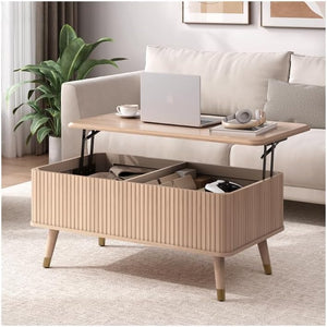 Round Coffee Table with Storage,Fluted Center Table with Sliding Cabinet Door for Living Room,Home Small Space,31.5" Small Center Table,Walnut - Wigtrends