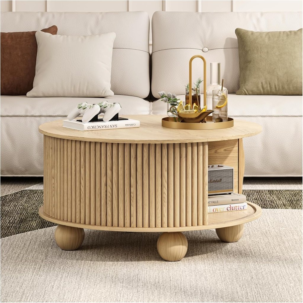 Round Coffee Table with Storage,Fluted Center Table with Sliding Cabinet Door for Living Room,Home Small Space,31.5" Small Center Table,Walnut - Wigtrends