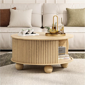 Round Coffee Table with Storage,Fluted Center Table with Sliding Cabinet Door for Living Room,Home Small Space,31.5" Small Center Table,Walnut - Wigtrends