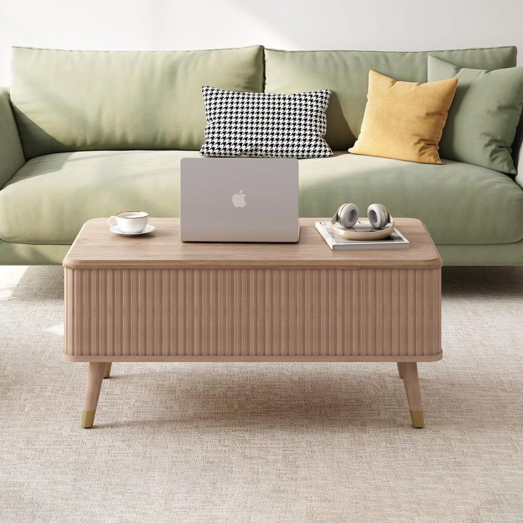 Round Coffee Table with Storage,Fluted Center Table with Sliding Cabinet Door for Living Room,Home Small Space,31.5" Small Center Table,Walnut - Wigtrends