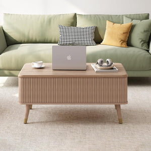 Round Coffee Table with Storage,Fluted Center Table with Sliding Cabinet Door for Living Room,Home Small Space,31.5" Small Center Table,Walnut - Wigtrends