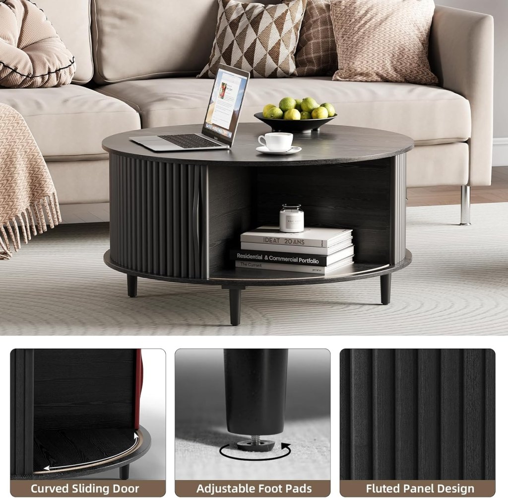 Round Coffee Table with Storage,Fluted Center Table with Sliding Cabinet Door for Living Room,Home Small Space,31.5" Small Center Table,Walnut - Wigtrends