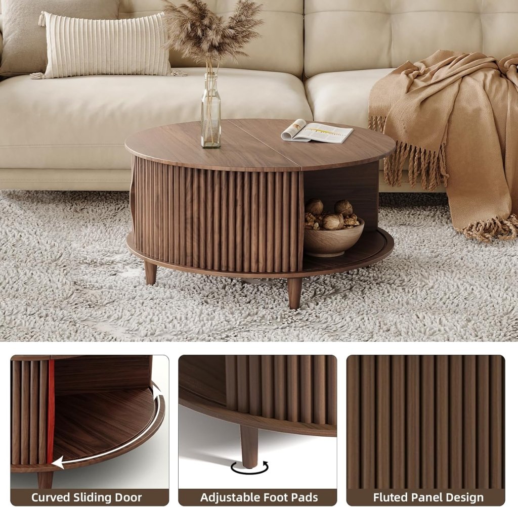 Round Coffee Table with Storage,Fluted Center Table with Sliding Cabinet Door for Living Room,Home Small Space,31.5" Small Center Table,Walnut - Wigtrends