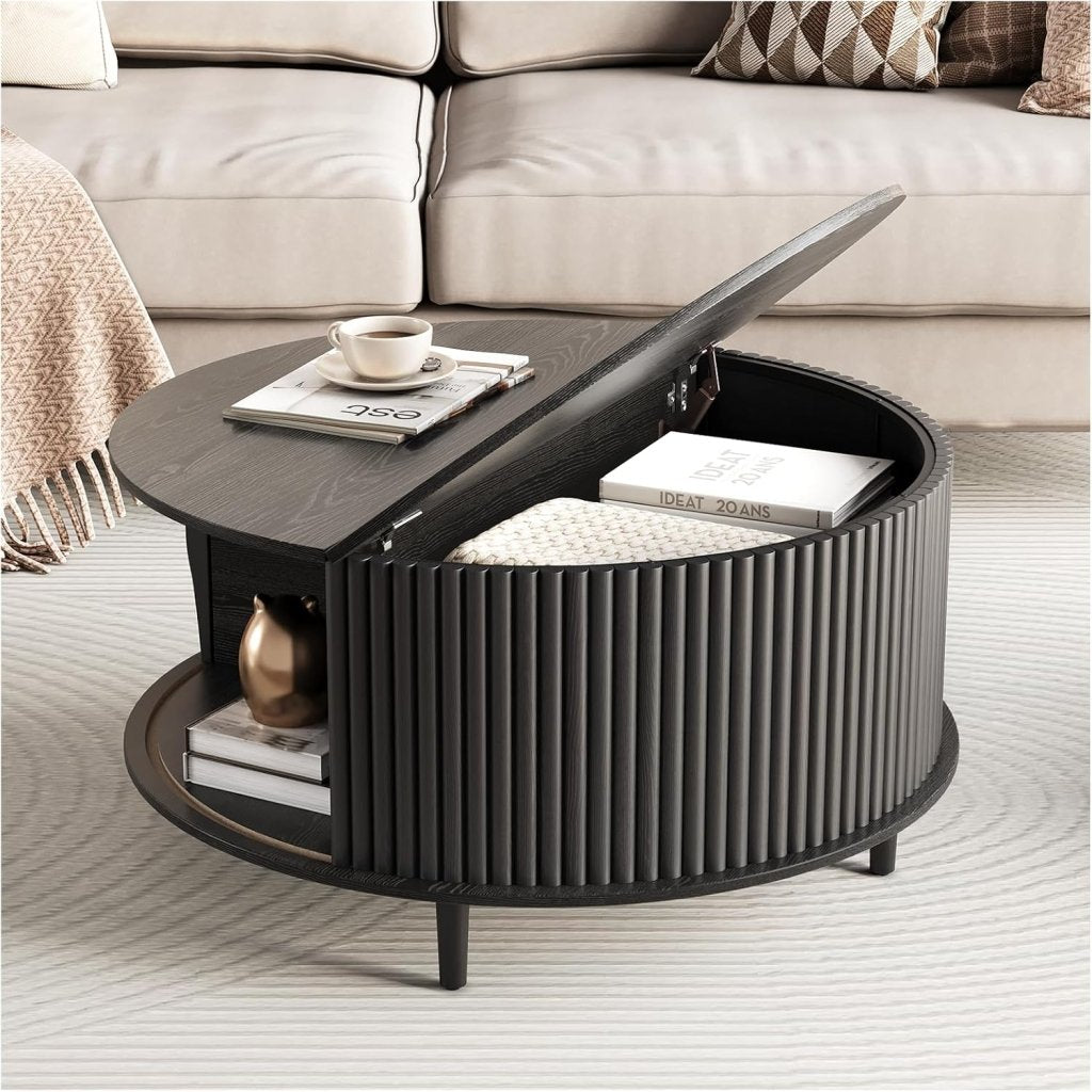 Round Coffee Table with Storage,Fluted Center Table with Sliding Cabinet Door for Living Room,Home Small Space,31.5" Small Center Table,Walnut - Wigtrends