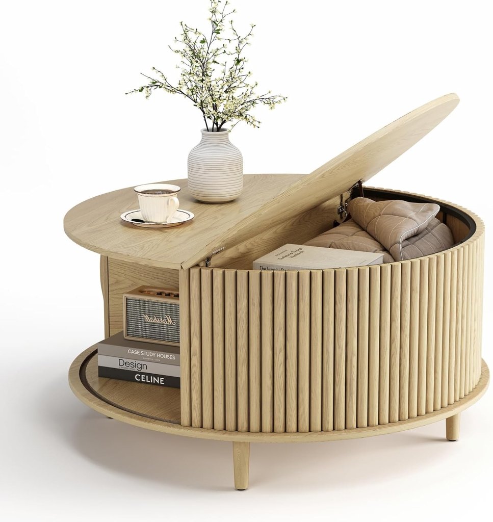 Round Coffee Table with Storage,Fluted Center Table with Sliding Cabinet Door for Living Room,Home Small Space,31.5" Small Center Table,Walnut - Wigtrends