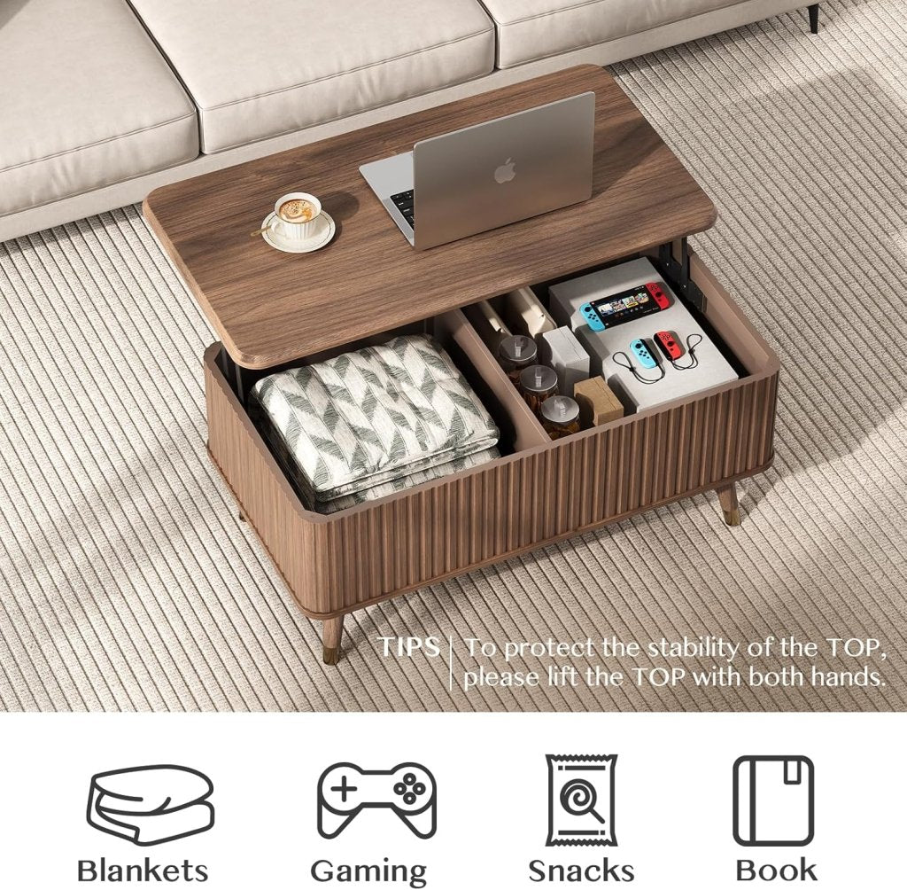 Round Coffee Table with Storage,Fluted Center Table with Sliding Cabinet Door for Living Room,Home Small Space,31.5" Small Center Table,Walnut - Wigtrends