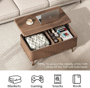Round Coffee Table with Storage,Fluted Center Table with Sliding Cabinet Door for Living Room,Home Small Space,31.5" Small Center Table,Walnut - Wigtrends