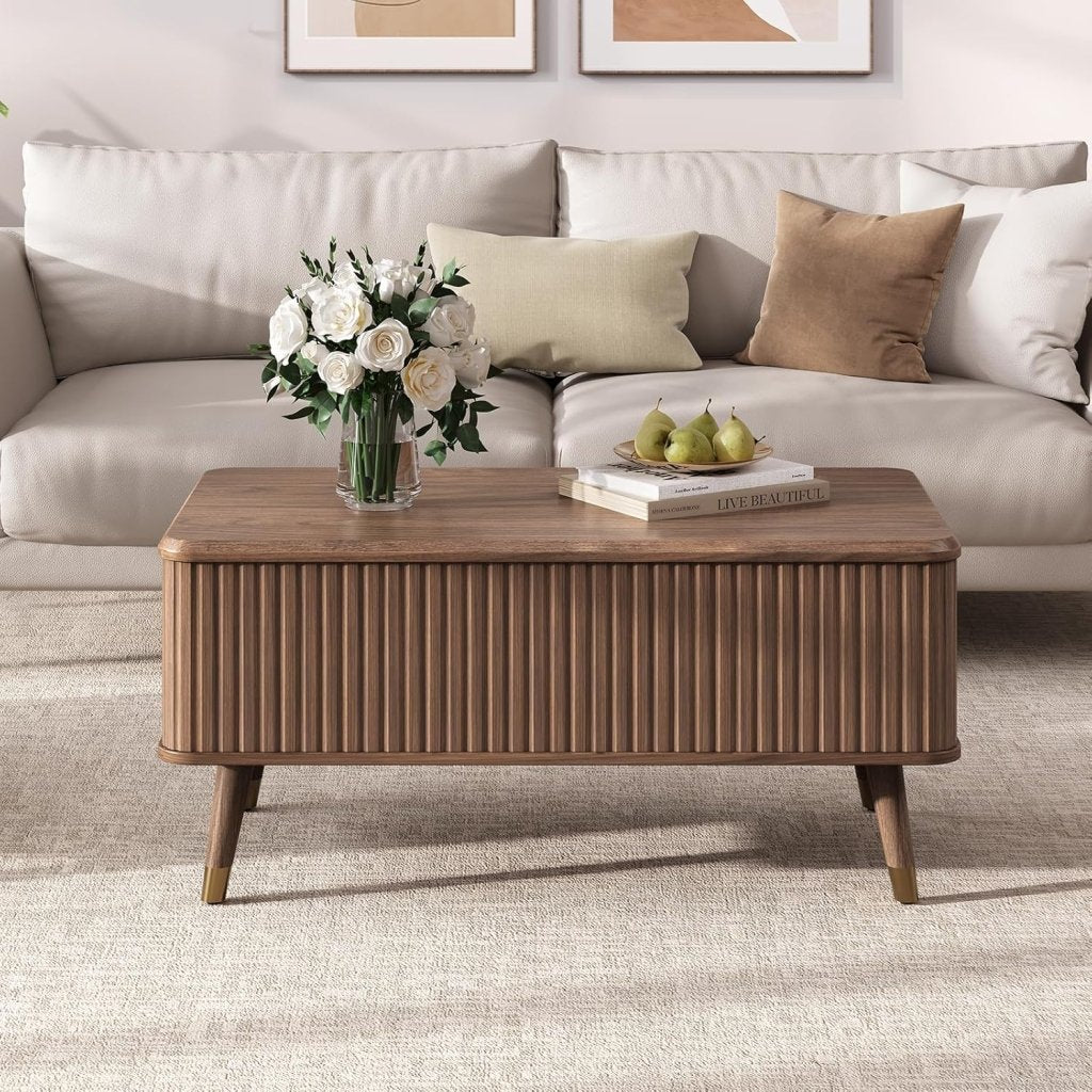 Round Coffee Table with Storage,Fluted Center Table with Sliding Cabinet Door for Living Room,Home Small Space,31.5" Small Center Table,Walnut - Wigtrends