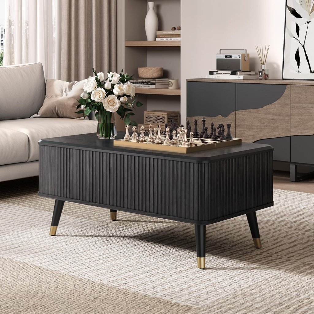 Round Coffee Table with Storage,Fluted Center Table with Sliding Cabinet Door for Living Room,Home Small Space,31.5" Small Center Table,Walnut - Wigtrends