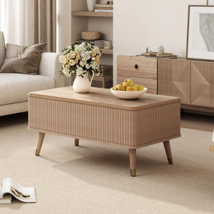 Round Coffee Table with Storage,Fluted Center Table with Sliding Cabinet Door for Living Room,Home Small Space,31.5" Small Center Table,Walnut - Wigtrends