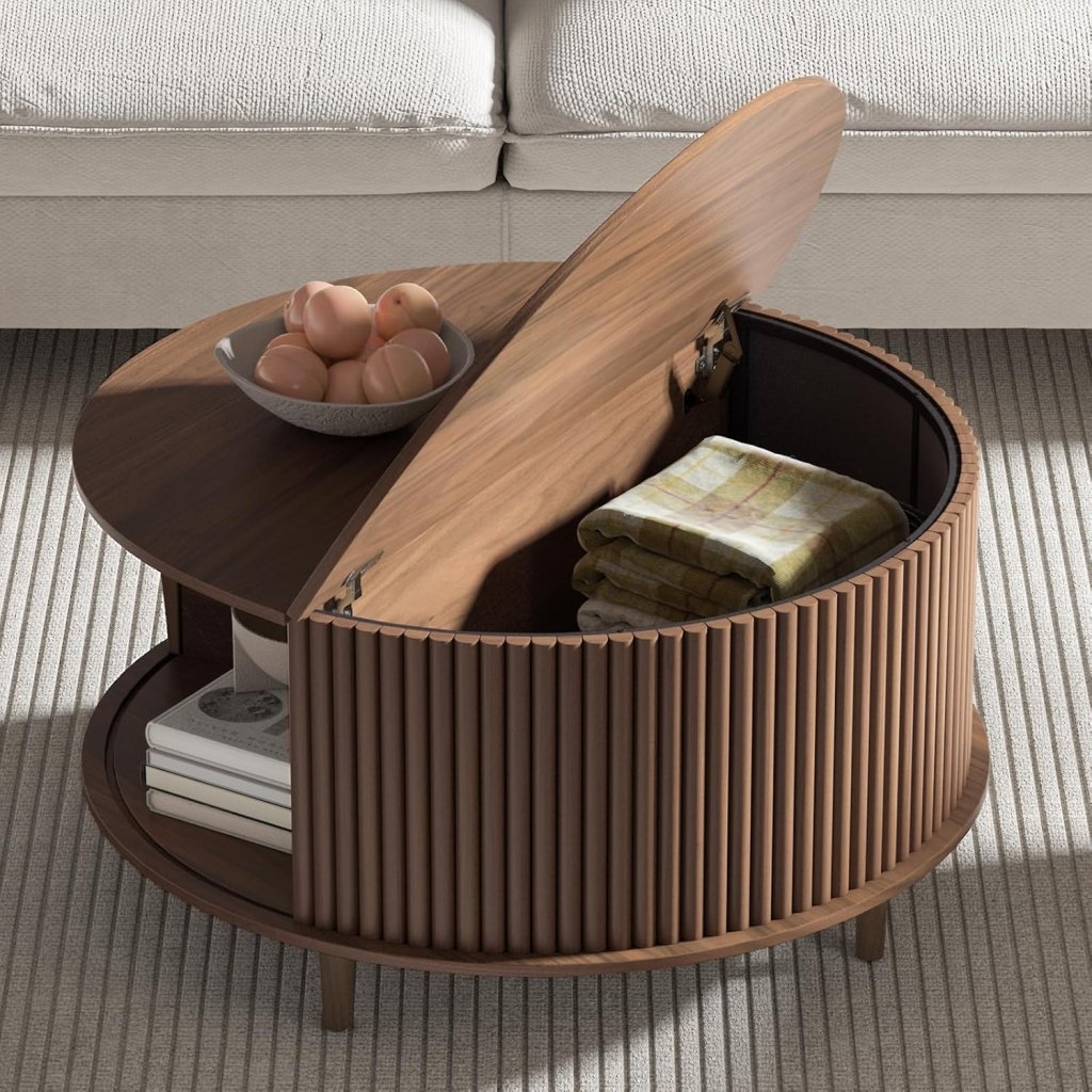 Round Coffee Table with Storage,Fluted Center Table with Sliding Cabinet Door for Living Room,Home Small Space,31.5" Small Center Table,Walnut - Wigtrends