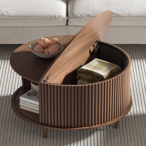 Round Coffee Table with Storage,Fluted Center Table with Sliding Cabinet Door for Living Room,Home Small Space,31.5" Small Center Table,Walnut - Wigtrends