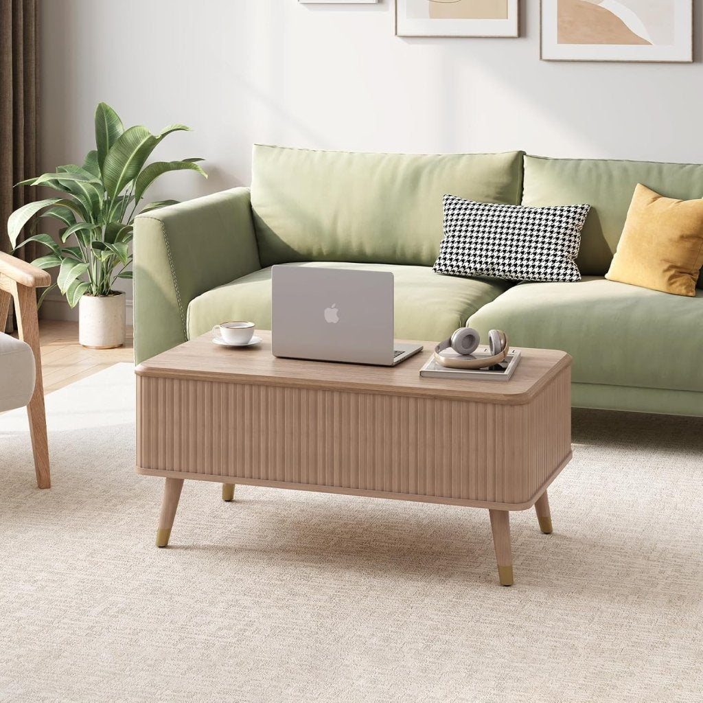Round Coffee Table with Storage,Fluted Center Table with Sliding Cabinet Door for Living Room,Home Small Space,31.5" Small Center Table,Walnut - Wigtrends