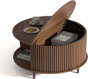 Round Coffee Table with Storage,Fluted Center Table with Sliding Cabinet Door for Living Room,Home Small Space,31.5" Small Center Table,Walnut - Wigtrends
