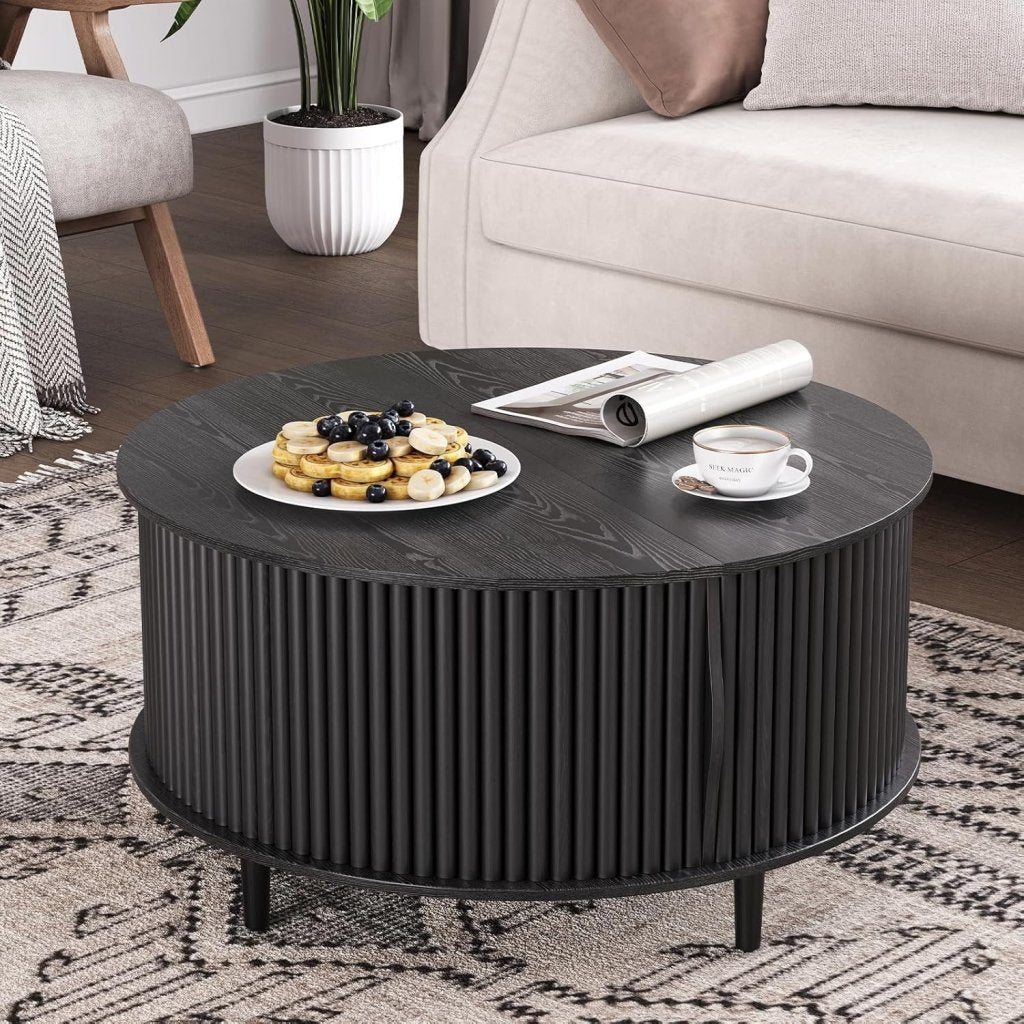 Round Coffee Table with Storage,Fluted Center Table with Sliding Cabinet Door for Living Room,Home Small Space,31.5" Small Center Table,Walnut - Wigtrends