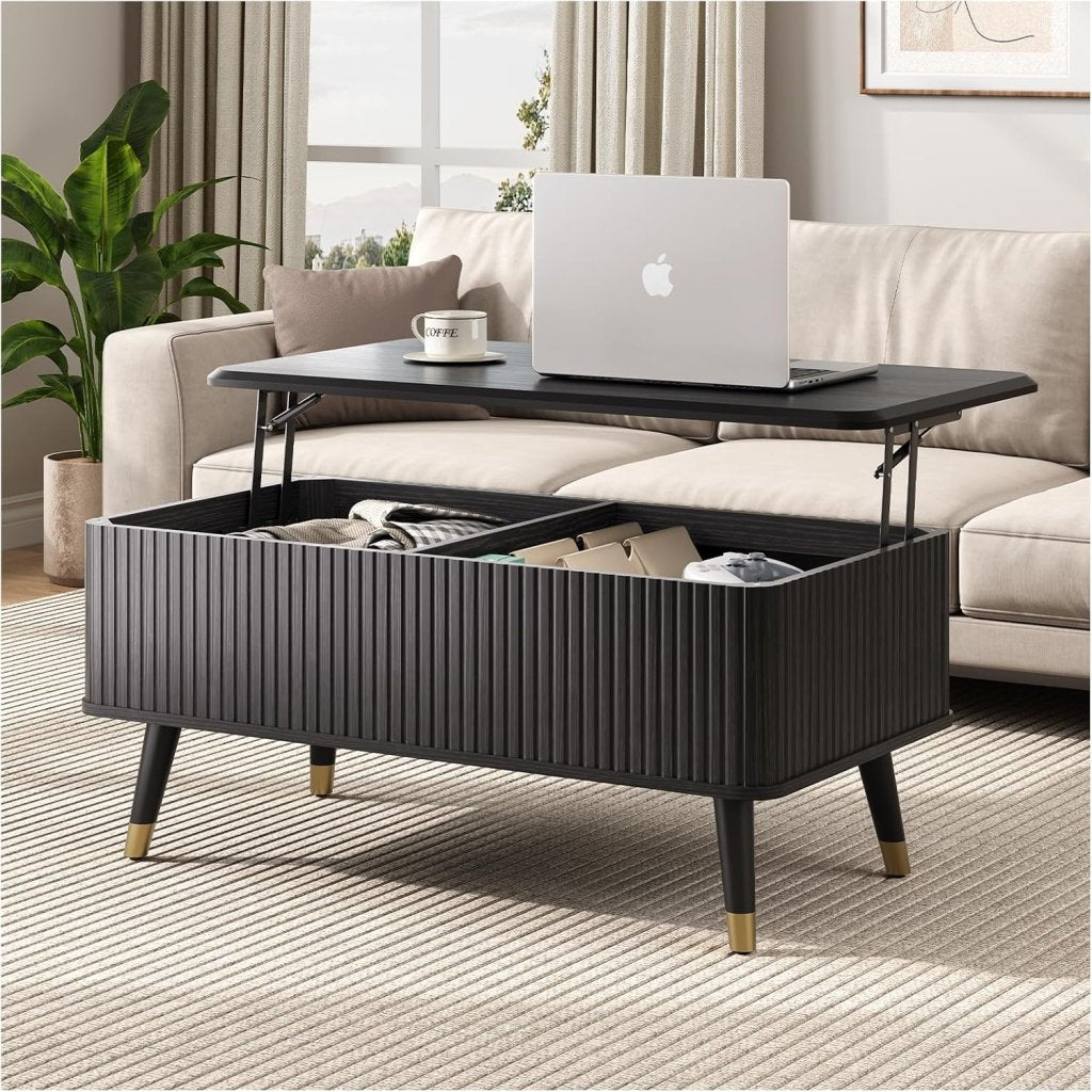 Round Coffee Table with Storage,Fluted Center Table with Sliding Cabinet Door for Living Room,Home Small Space,31.5" Small Center Table,Walnut - Wigtrends