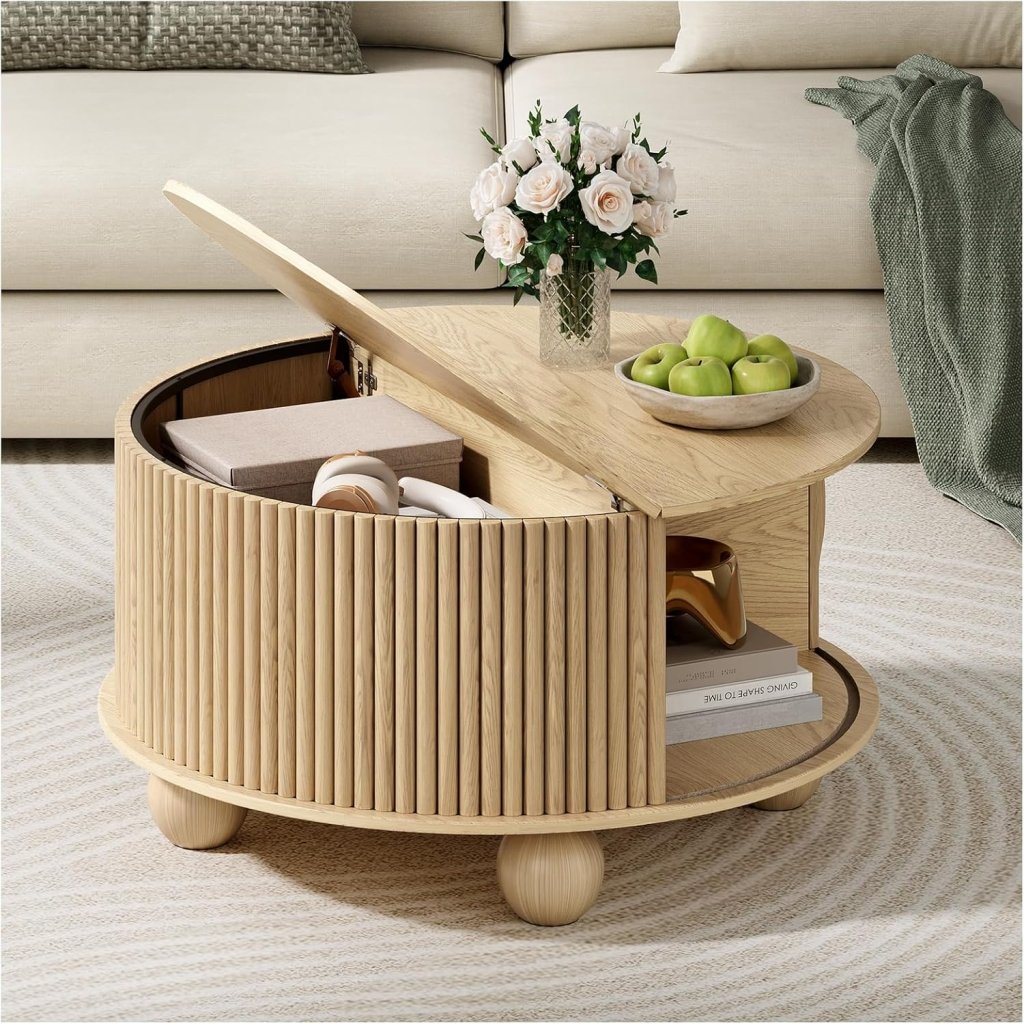 Round Coffee Table with Storage,Fluted Center Table with Sliding Cabinet Door for Living Room,Home Small Space,31.5" Small Center Table,Walnut - Wigtrends