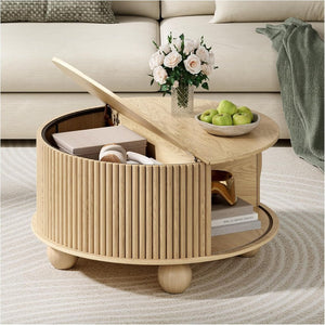 Round Coffee Table with Storage,Fluted Center Table with Sliding Cabinet Door for Living Room,Home Small Space,31.5" Small Center Table,Walnut - Wigtrends
