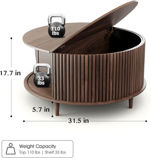 Round Coffee Table with Storage,Fluted Center Table with Sliding Cabinet Door for Living Room,Home Small Space,31.5" Small Center Table,Walnut - Wigtrends