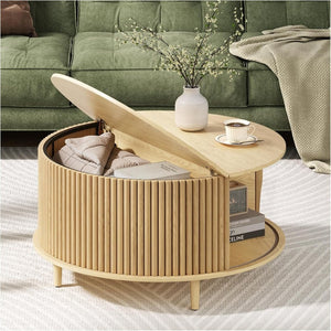 Round Coffee Table with Storage,Fluted Center Table with Sliding Cabinet Door for Living Room,Home Small Space,31.5" Small Center Table,Walnut - Wigtrends