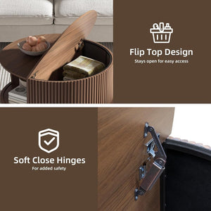 Round Coffee Table with Storage,Fluted Center Table with Sliding Cabinet Door for Living Room,Home Small Space,31.5" Small Center Table,Walnut - Wigtrends