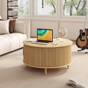 Round Coffee Table with Storage,Fluted Center Table with Sliding Cabinet Door for Living Room,Home Small Space,31.5" Small Center Table,Walnut - Wigtrends