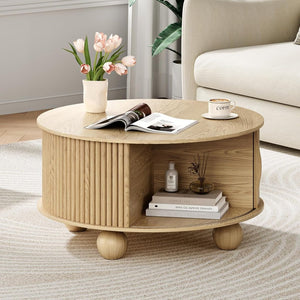 Round Coffee Table with Storage,Fluted Center Table with Sliding Cabinet Door for Living Room,Home Small Space,31.5" Small Center Table,Walnut - Wigtrends