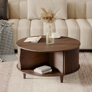 Round Coffee Table with Storage,Fluted Center Table with Sliding Cabinet Door for Living Room,Home Small Space,31.5" Small Center Table,Walnut - Wigtrends