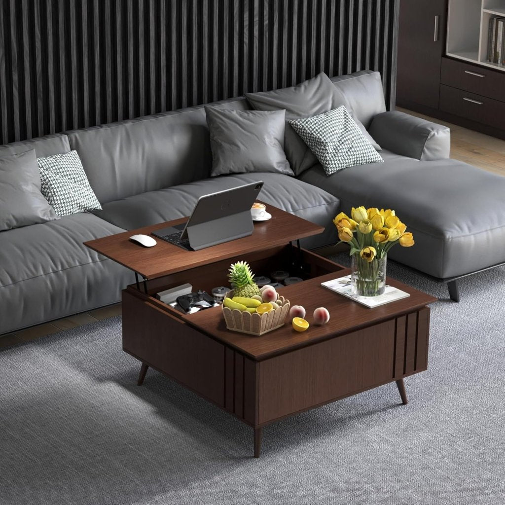 Round Coffee Table with Storage,Fluted Center Table with Sliding Cabinet Door for Living Room,Home Small Space,31.5" Small Center Table,Walnut - Wigtrends